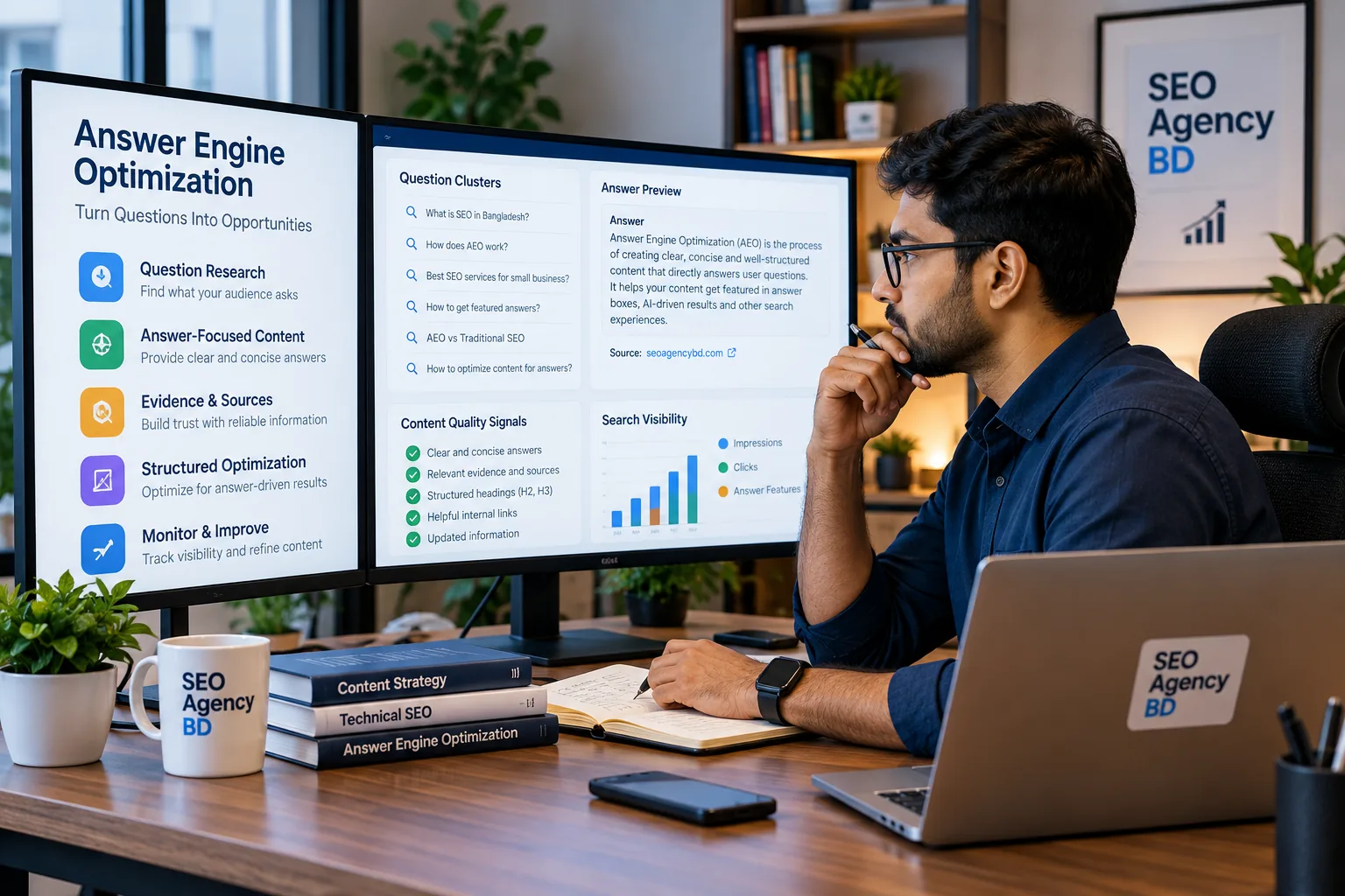 AEO specialist reviewing question clusters, answer quality and search visibility metrics