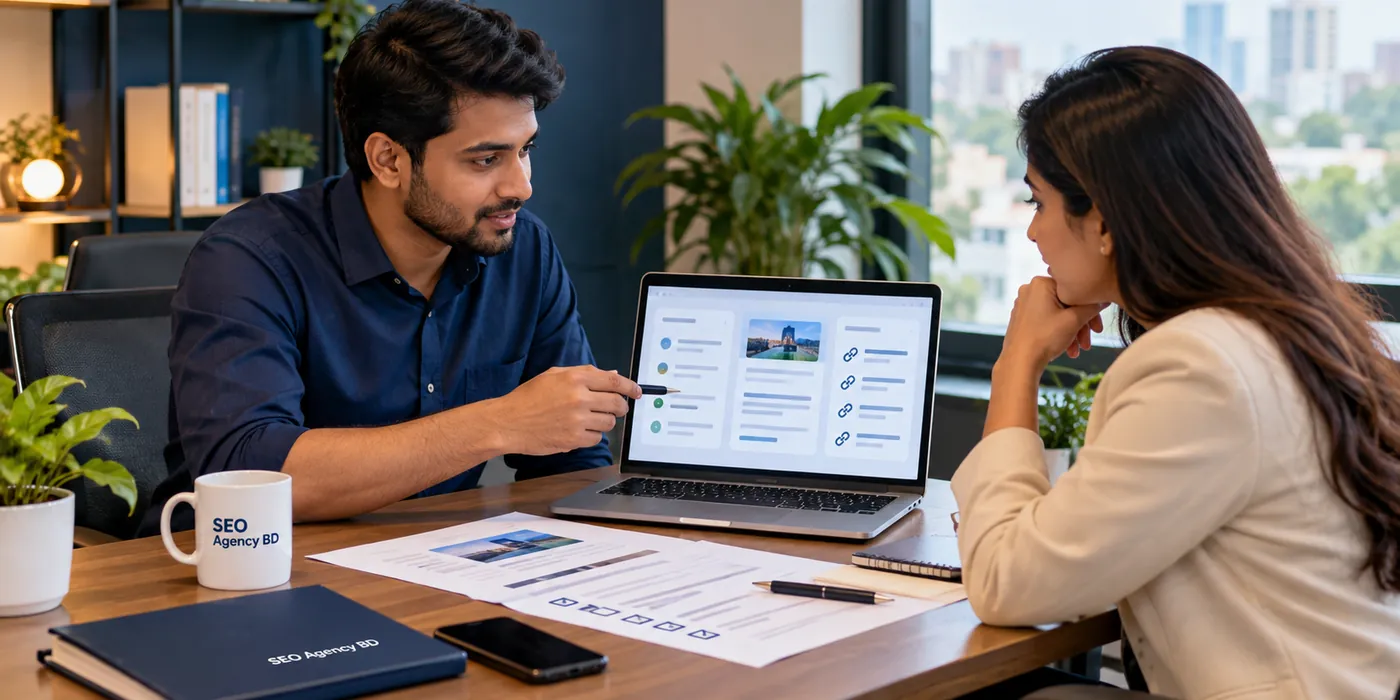 SEO specialist discussing an AI search visibility and source strategy with a Bangladesh business decision-maker