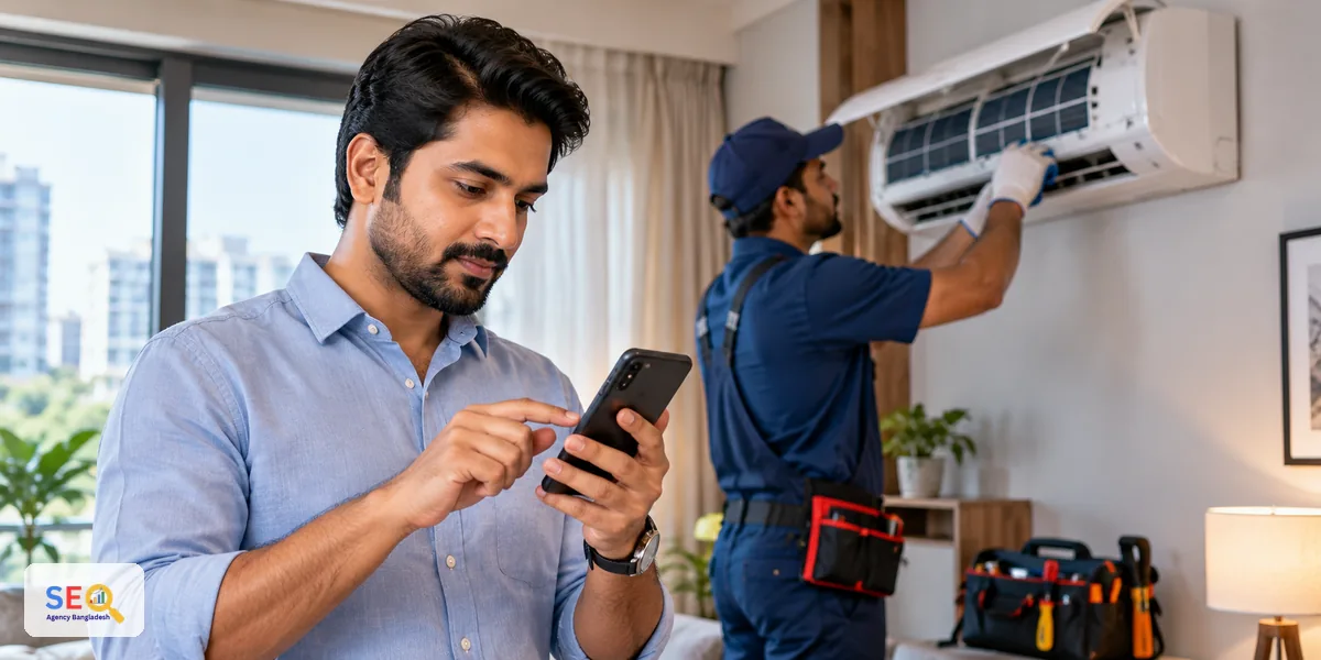 Customer using a smartphone while an AC technician inspects a wall-mounted unit