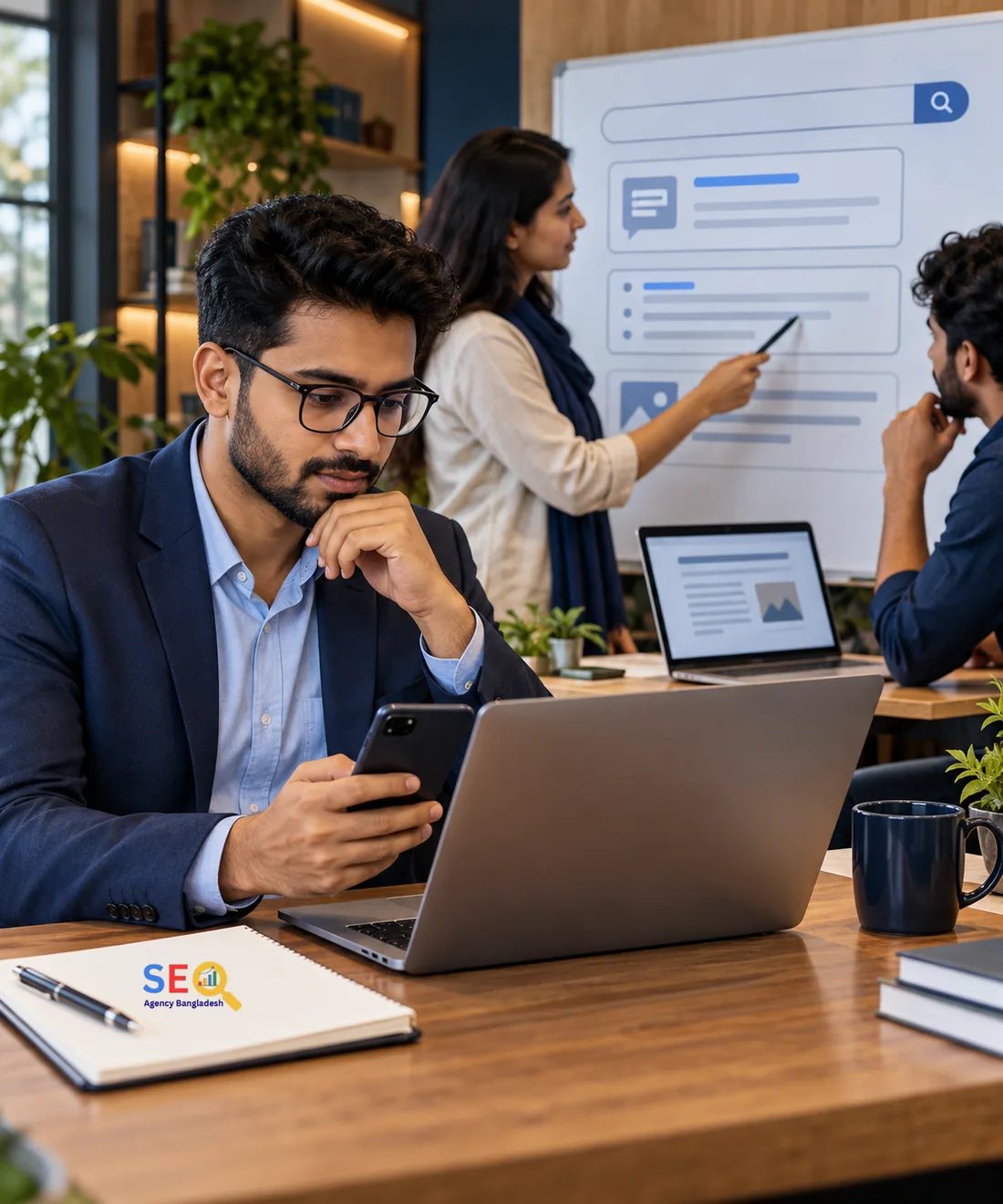 Bangladesh business decision-maker evaluating answer engine optimization with an SEO team