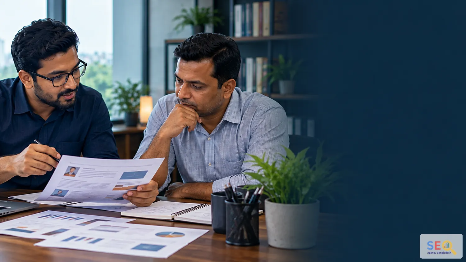 SEO specialist discussing a link building and publisher outreach plan with a Bangladesh business owner