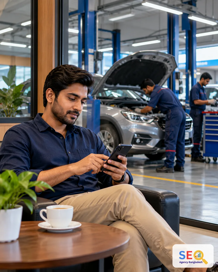 Car owner checking workshop information on a smartphone while mechanics service a vehicle behind him