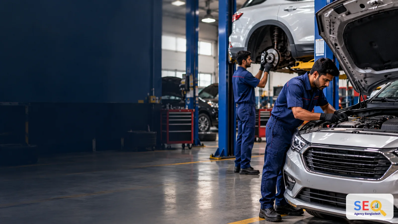 Bangladesh auto workshop with trained mechanics inspecting modern vehicles on service lifts