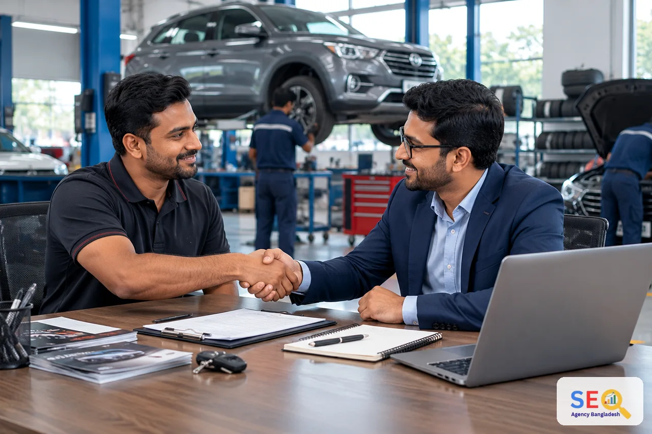 SEO consultant and automotive workshop owner agreeing on a search and booking growth plan