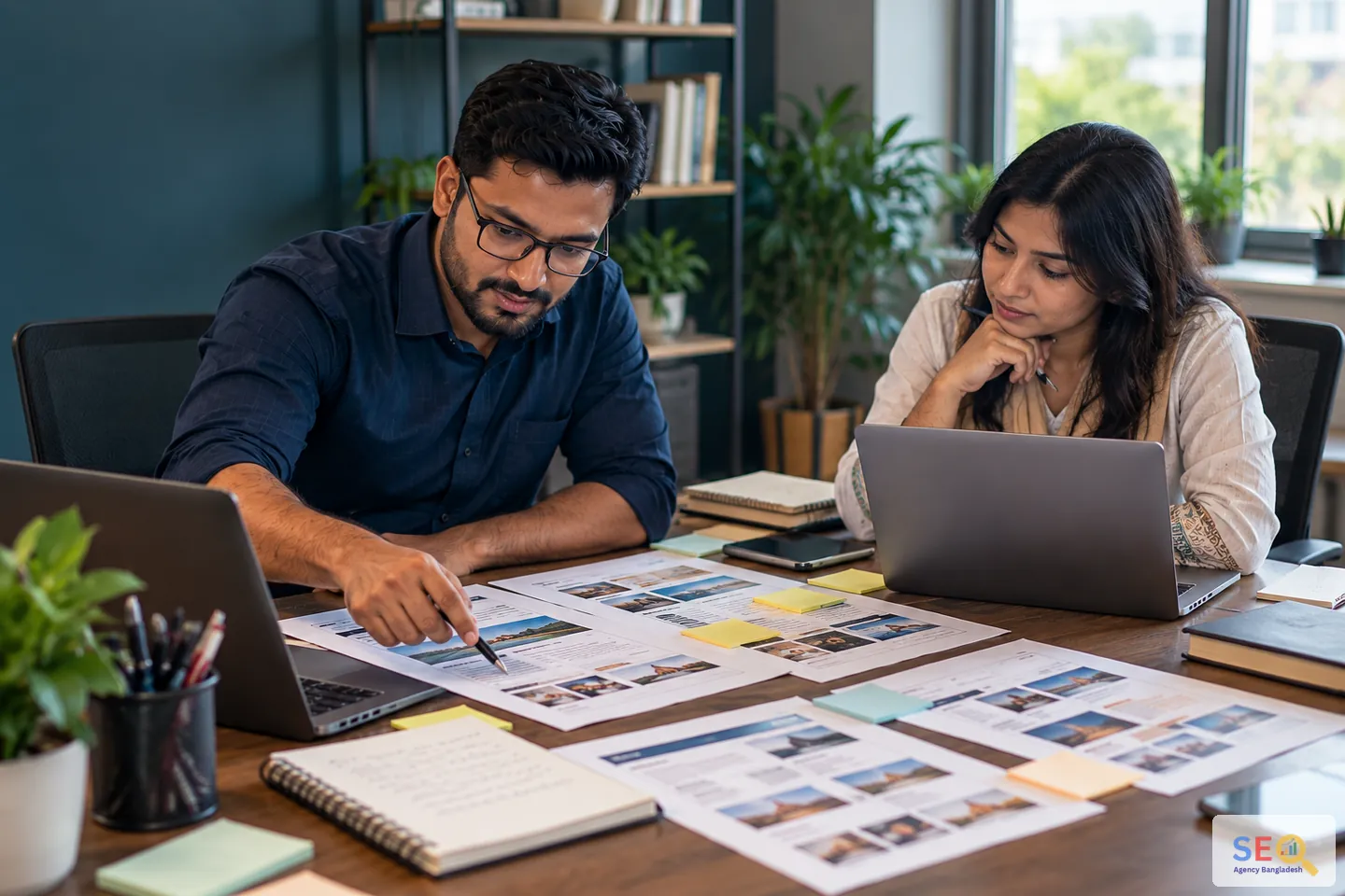 SEO team reviewing publisher prospects, content ideas and outreach notes during a backlink campaign