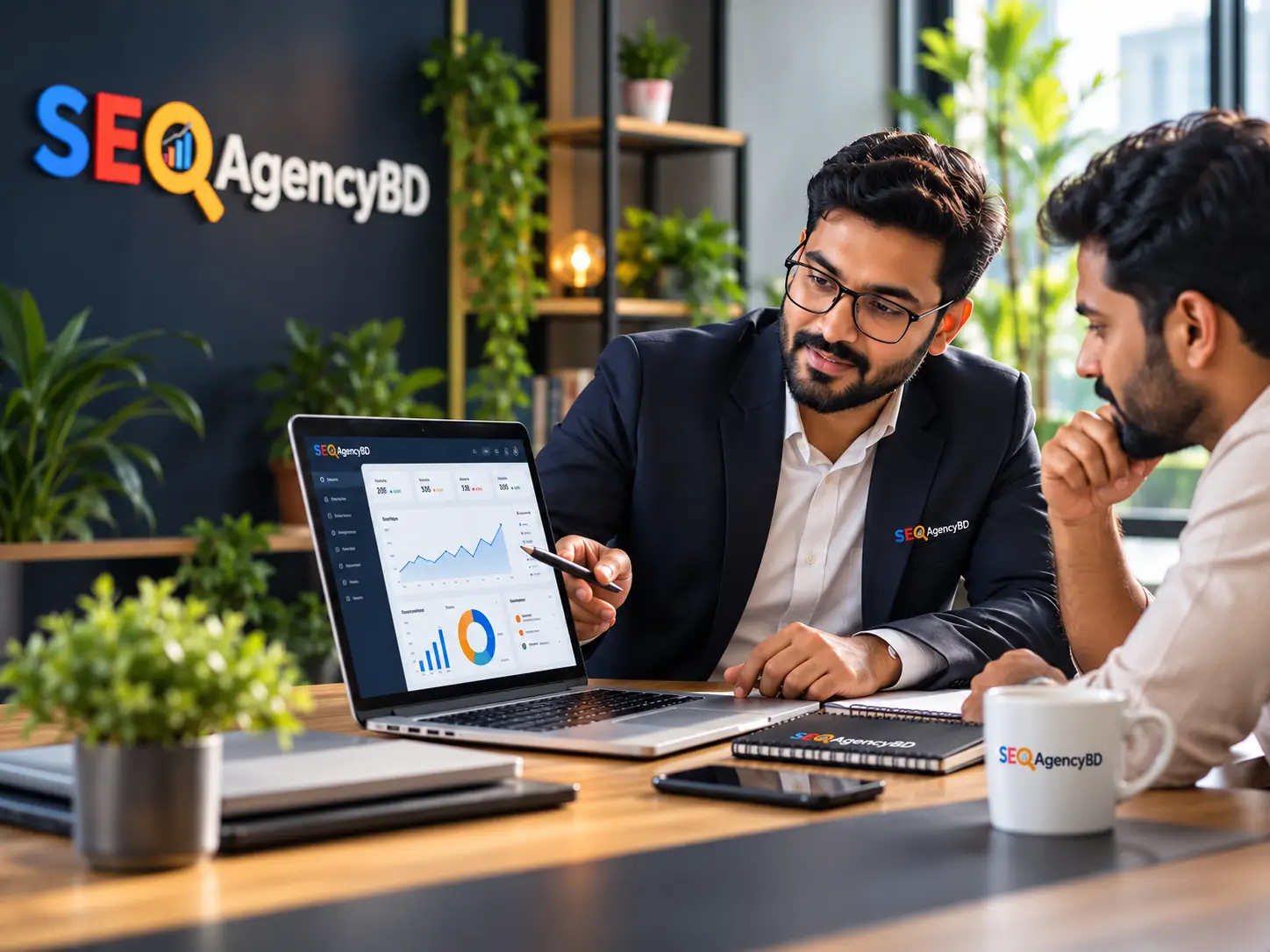 SEO Agency BD consultant reviewing an organic search workflow with a Bangladesh business owner