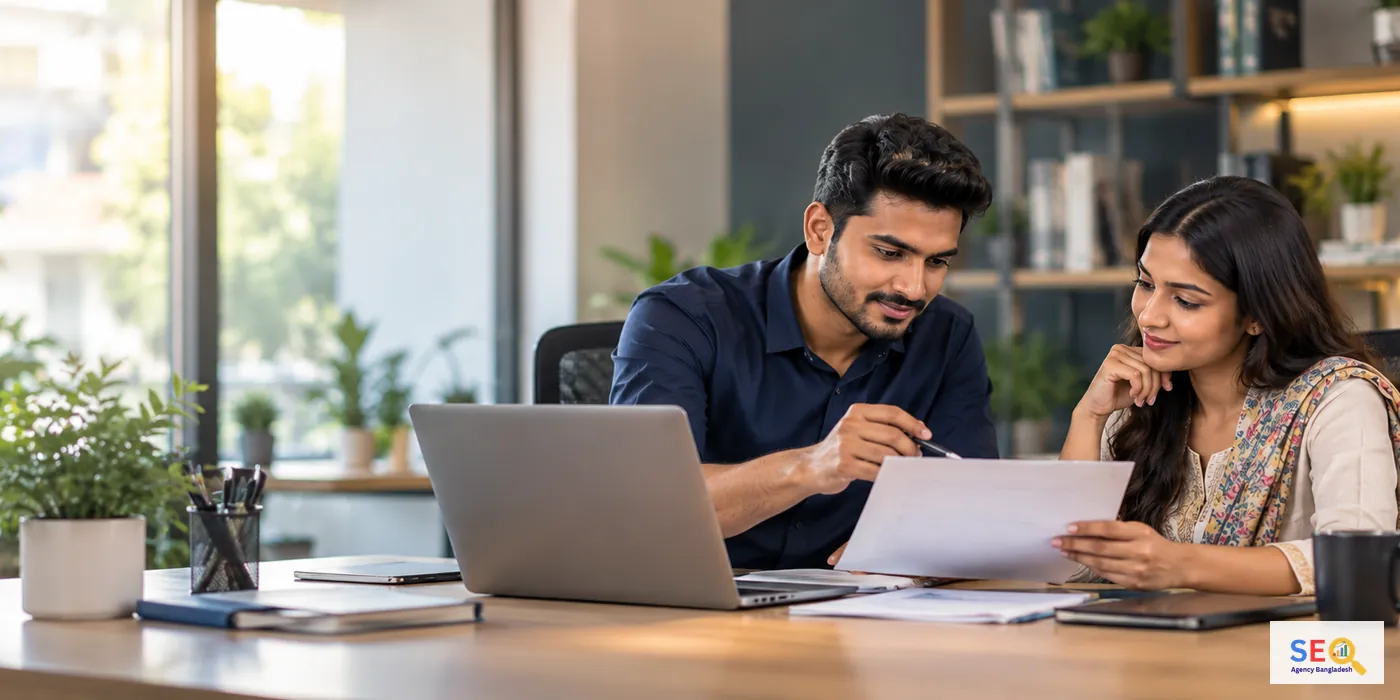 Business owner and SEO content specialist reviewing an article brief and blog requirements