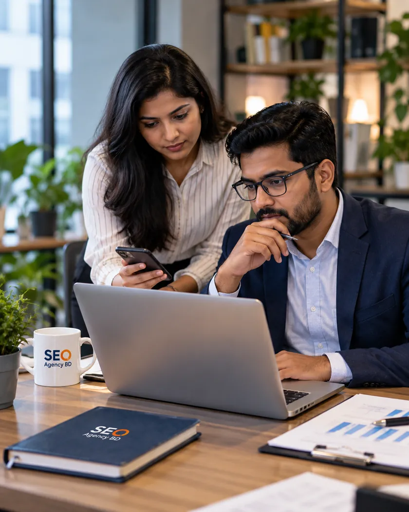 Business decision-makers comparing suppliers and reviewing information on a laptop and phone