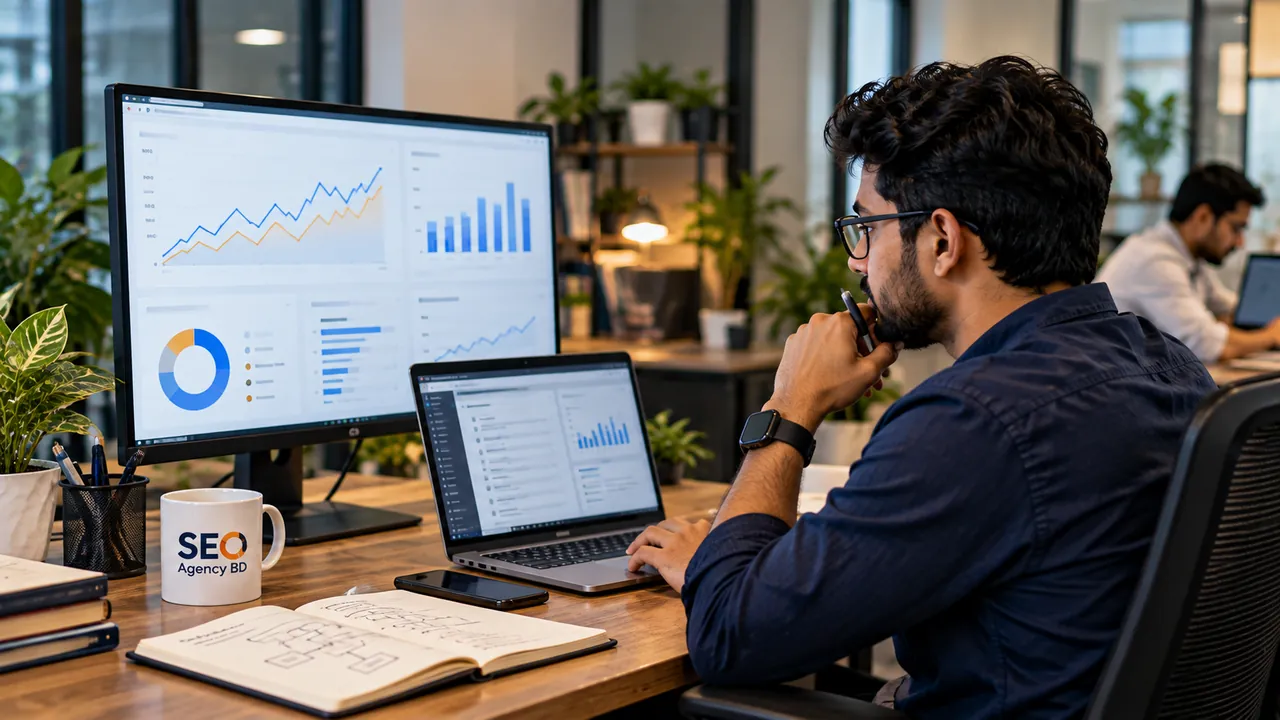 SEO specialist reviewing organic search, landing-page and lead performance data