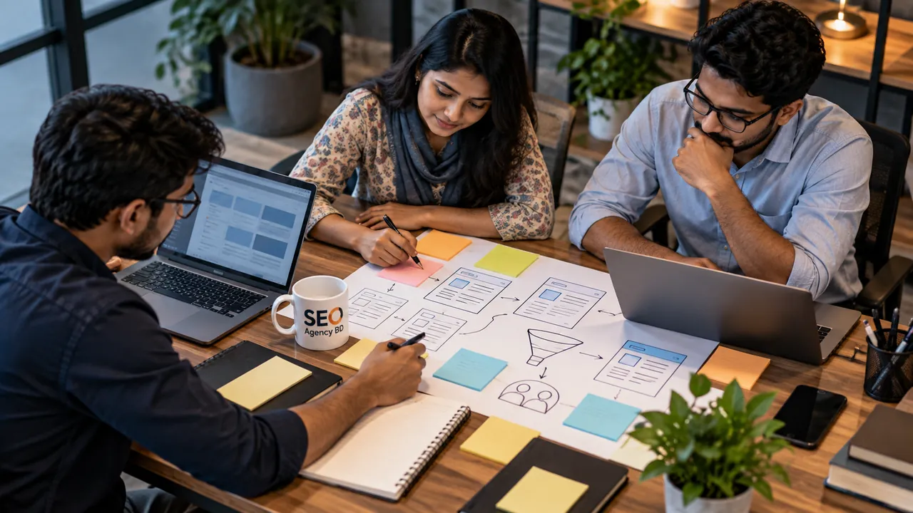 B2B SEO team mapping buyer intent, page relationships and conversion pathways in a planning session