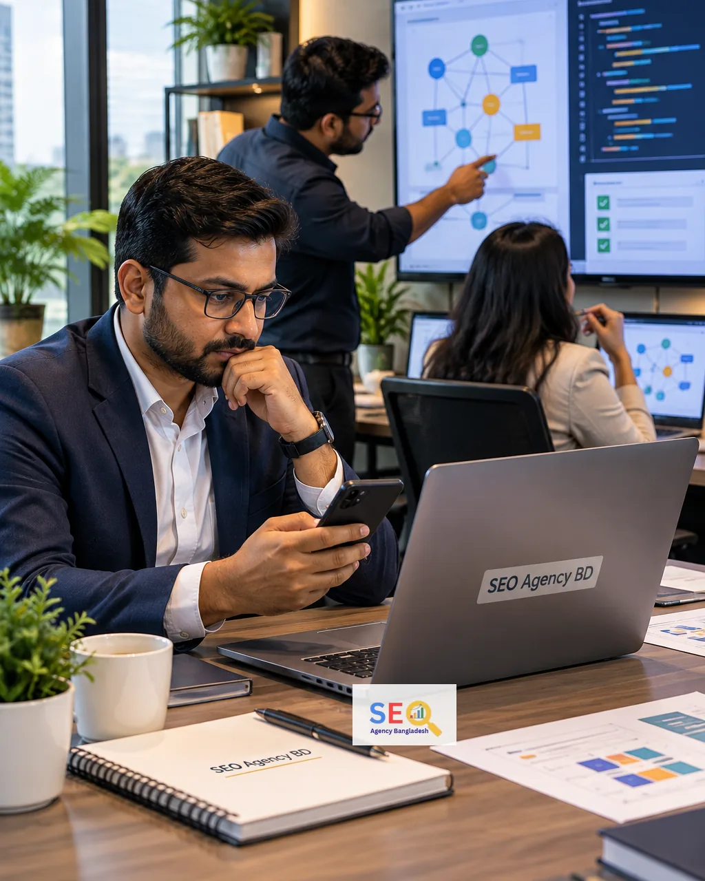 Bangladesh business owner evaluating a website development project with a web team