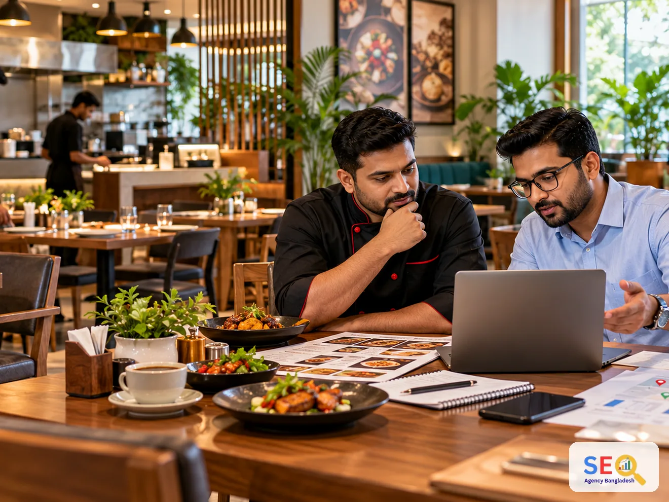 Restaurant manager and SEO specialist reviewing menus, local maps and website planning at a dining table