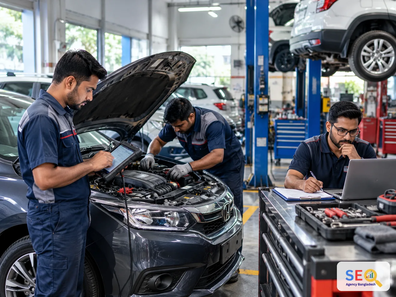 Mechanics using diagnostic equipment on a vehicle while a colleague reviews workshop service planning