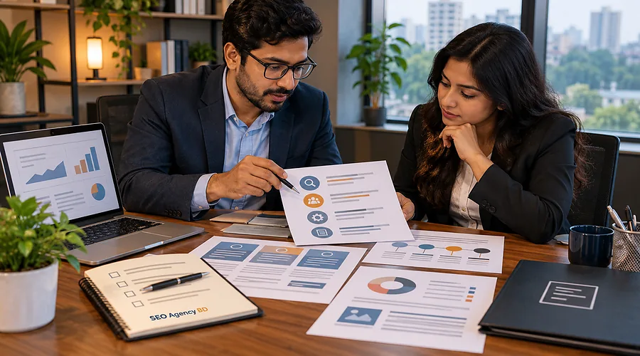 Business team comparing SEO agency strategy, reporting and evaluation evidence
