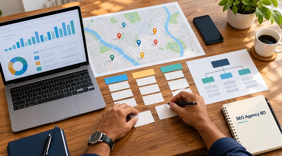 Local keyword clustering workflow with city map pins, keyword groups and page mapping