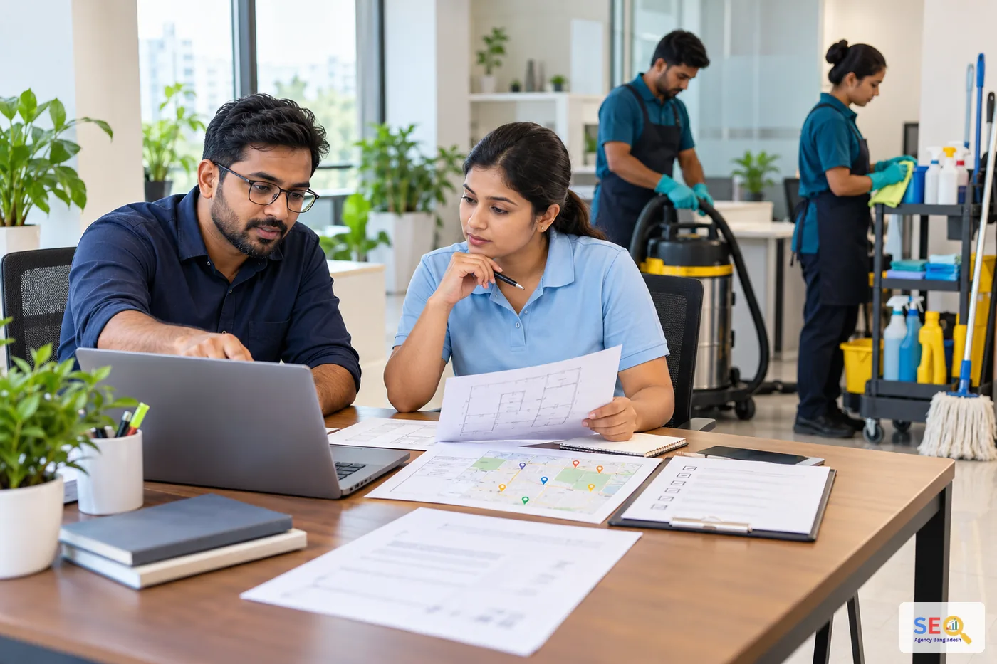 SEO specialist and cleaning operations manager reviewing service pages and service-area planning