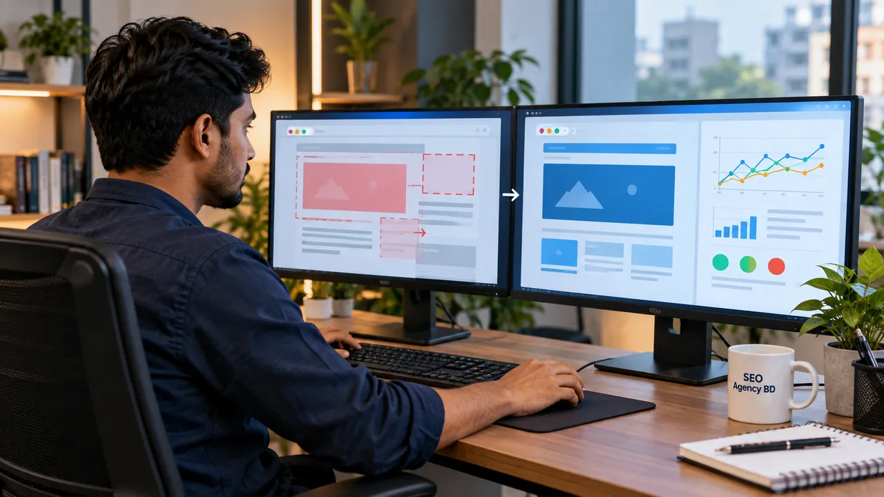 Web performance specialist comparing unstable and stable page layouts with performance data