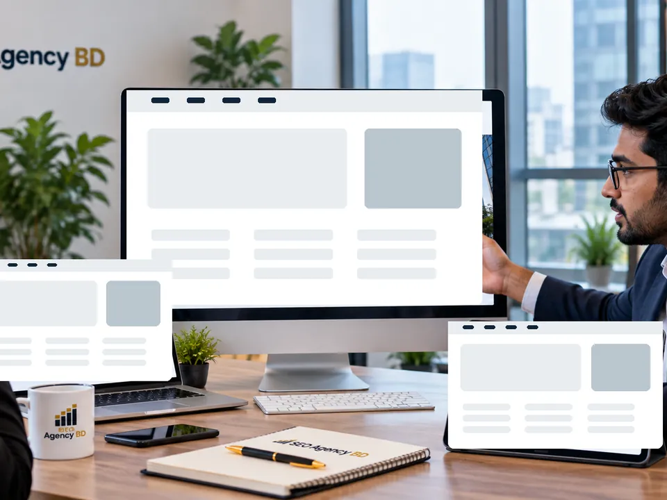 Corporate decision-maker and web specialist reviewing a company website structure across devices
