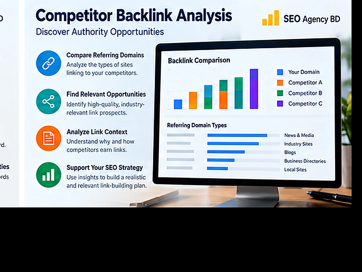 SEO Agency BD specialist reviewing competitor backlink and search gap findings before handoff