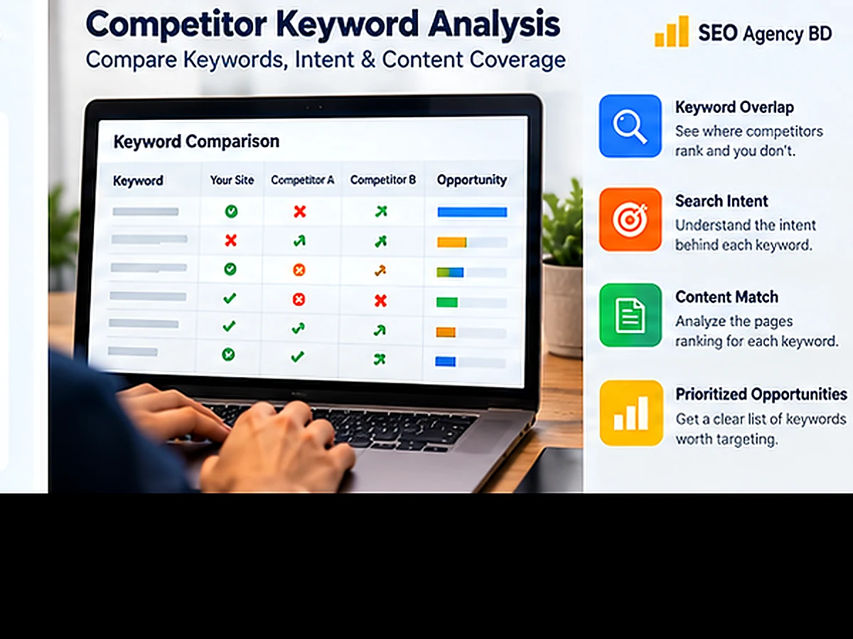 SEO specialist reviewing competitor keyword and content gap evidence