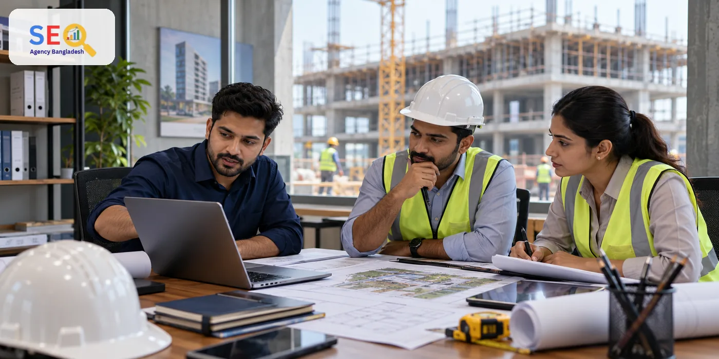 SEO specialist and construction team reviewing project pages, plans and implementation priorities