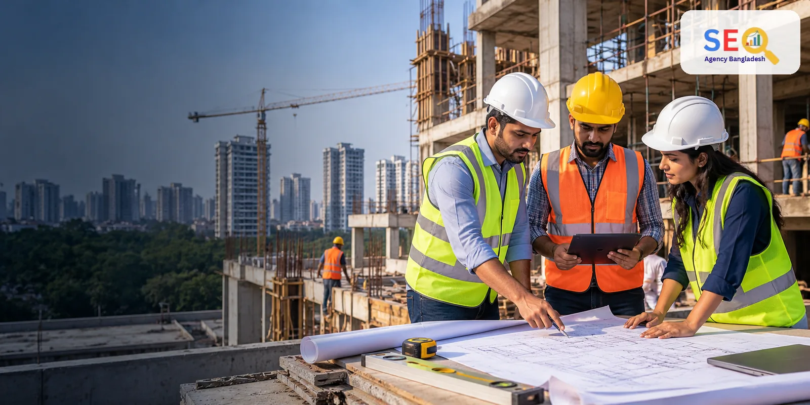 Bangladesh construction engineers and project managers reviewing plans at an active building site