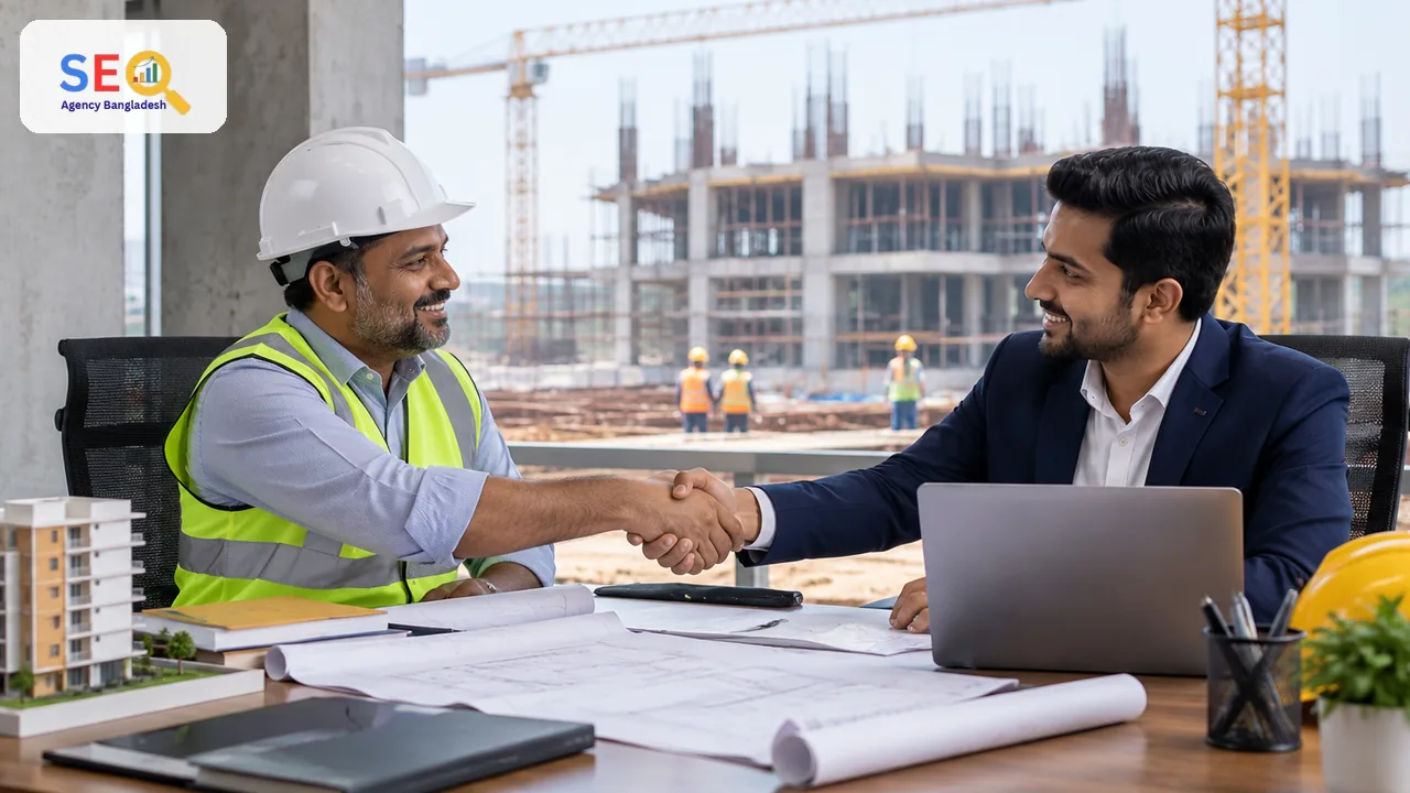 Construction company decision-maker and SEO consultant concluding a project website consultation
