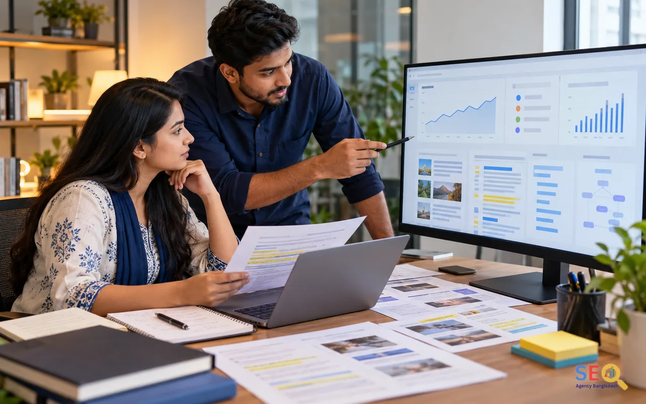 SEO specialists reviewing page-level search trends, article sections and content quality signals