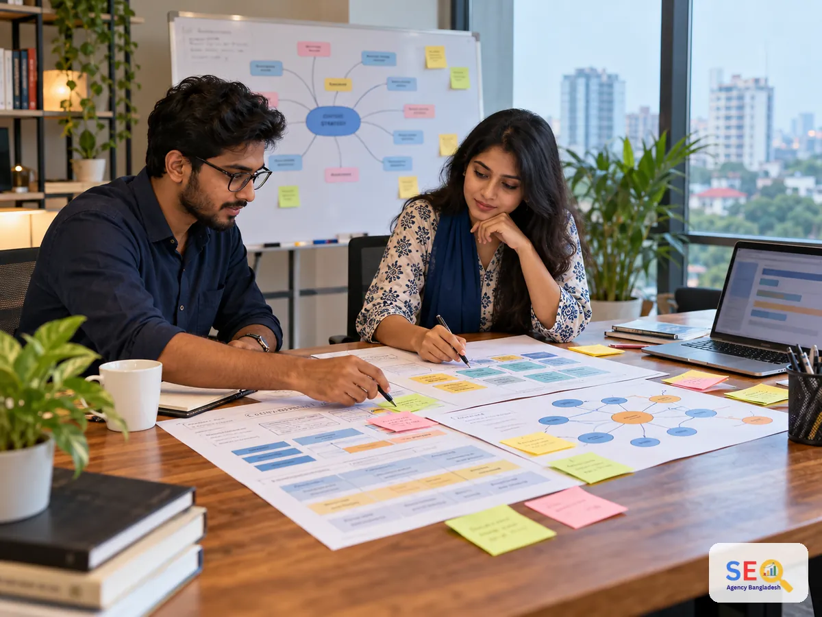 SEO strategists arranging topic clusters, page priorities and roadmap notes during a content planning workshop