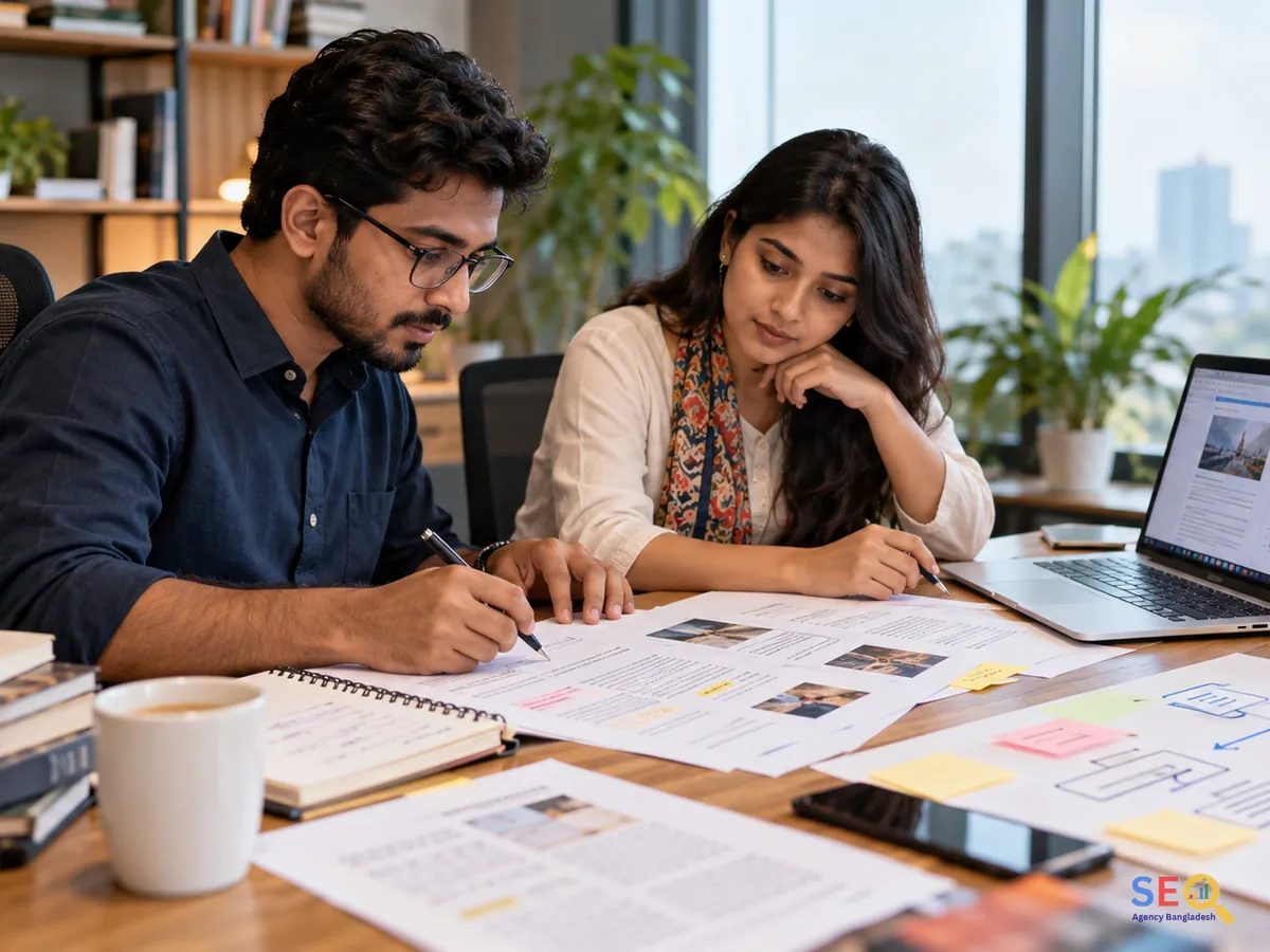 SEO editors working through an existing article with source notes, highlighted sections and content planning documents