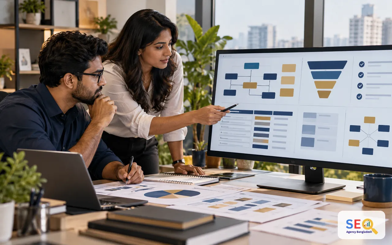SEO strategists reviewing content roadmap evidence, topic relationships and priority signals on a large screen