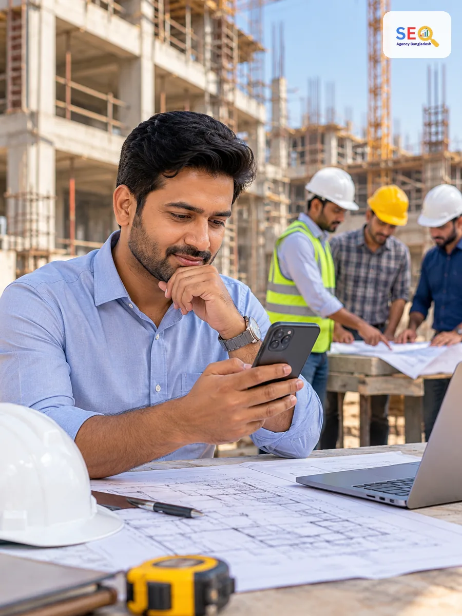 Construction decision-maker using a smartphone while engineers review plans at a project site