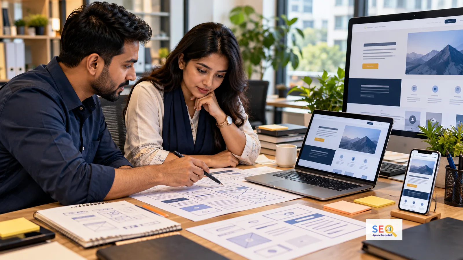 Landing page design team reviewing wireframes, responsive layouts and conversion flow