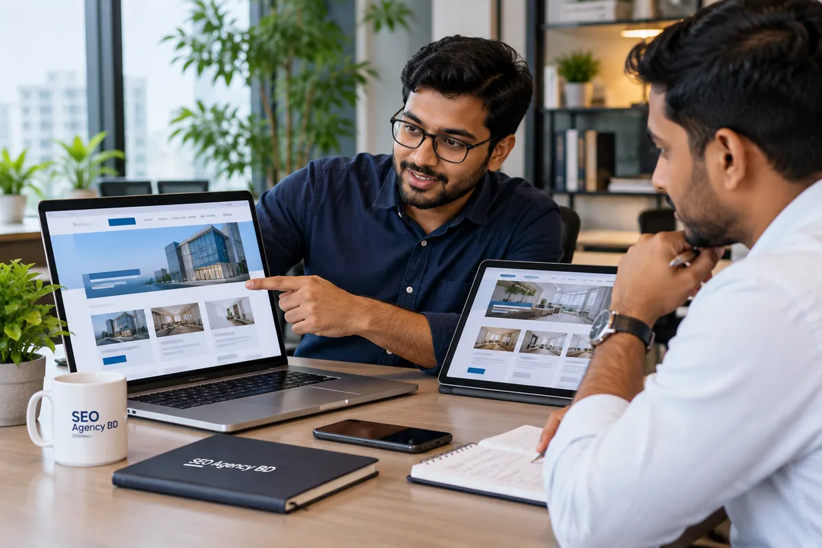 Bangladesh web consultant reviewing a website journey and next-step improvements with a business decision-maker