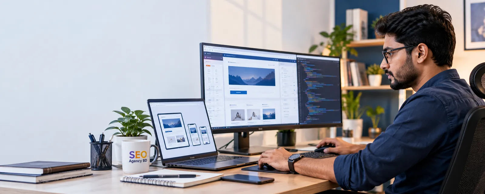 Bangladesh website specialist reviewing responsive page layouts and user journeys for conversion optimization