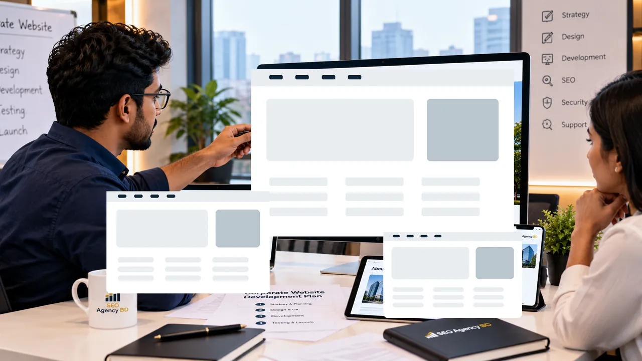 Corporate web development team reviewing information architecture, templates and launch workflow