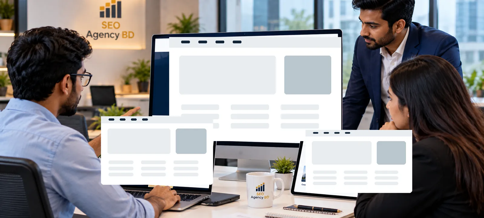 Bangladesh corporate web development team reviewing responsive company website layouts