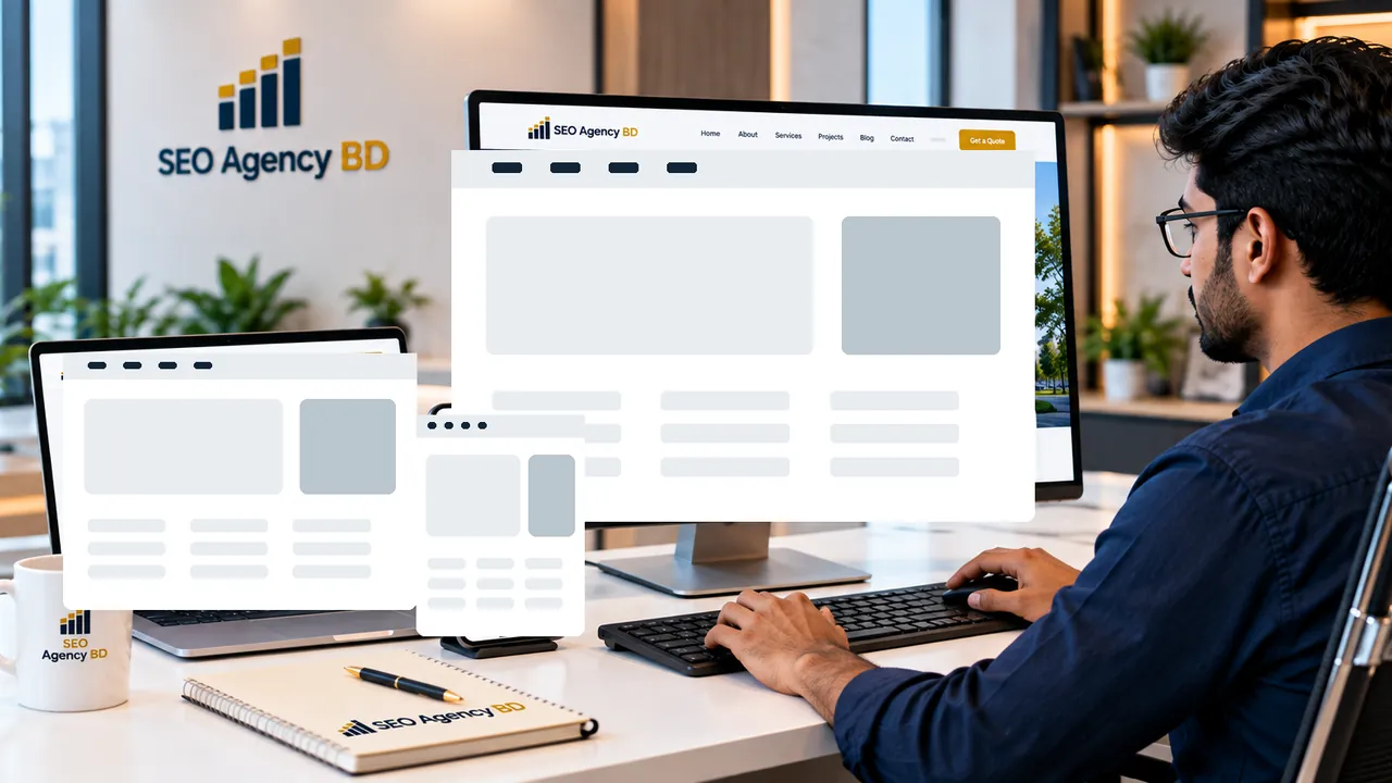 Corporate WordPress developer reviewing reusable website templates and responsive publishing layouts