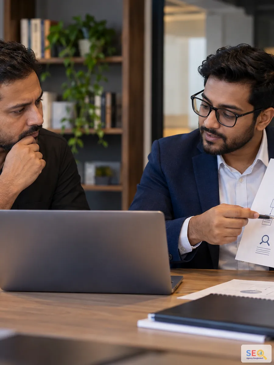 Business owner and technical SEO consultant reviewing a website architecture plan