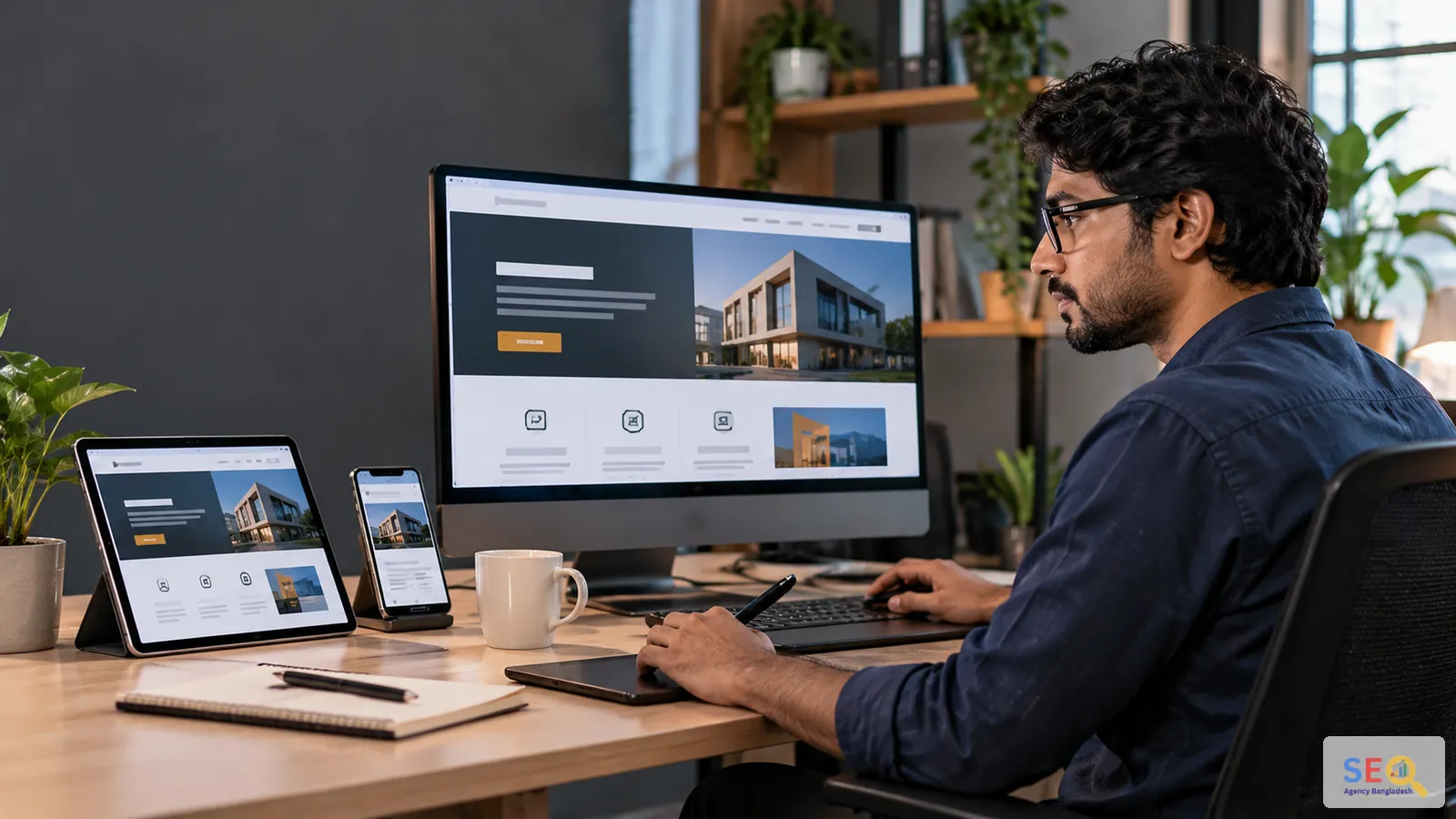 Web designer creating a responsive business website across desktop, tablet and mobile screens
