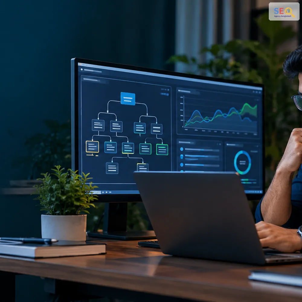 Developer reviewing the same business website across desktop, tablet and mobile during WordPress quality assurance