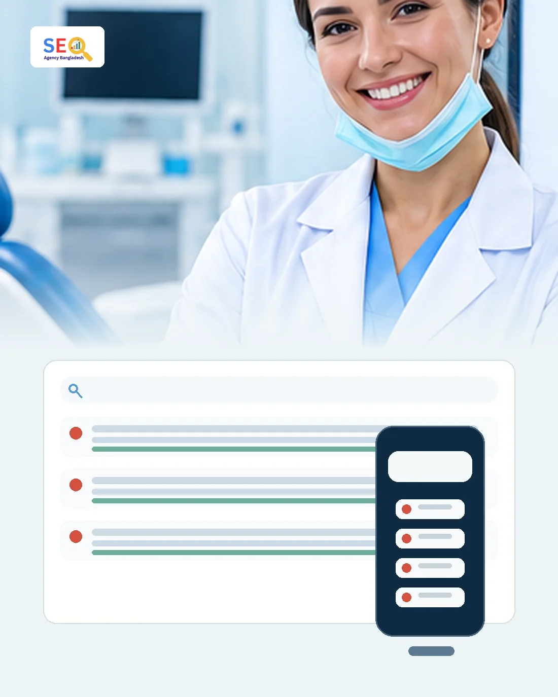 Dental clinic search discovery visual with a dentist and generic local search interface
