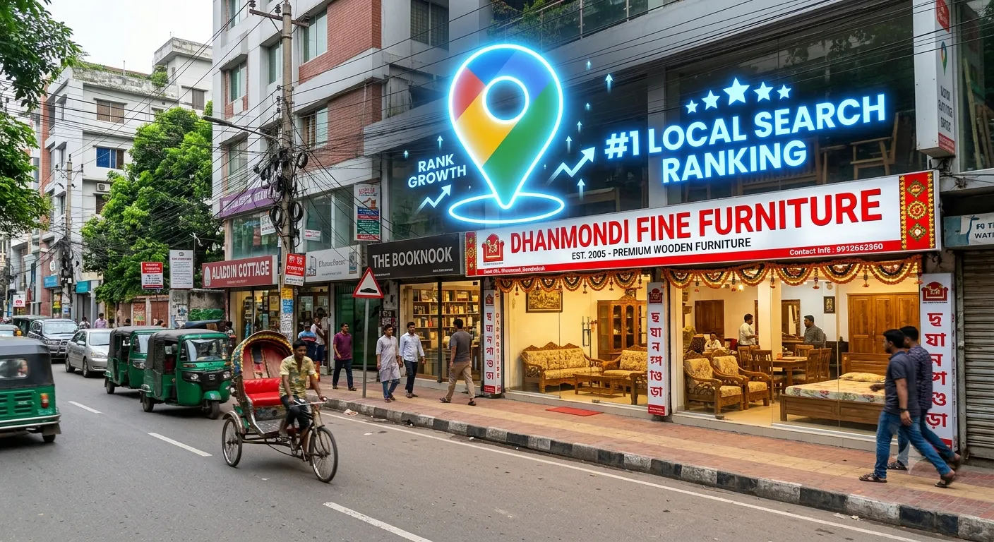 Google Maps pin glowing above a Dhanmondi Dhaka furniture shopfront illustrating local SEO ranking growth