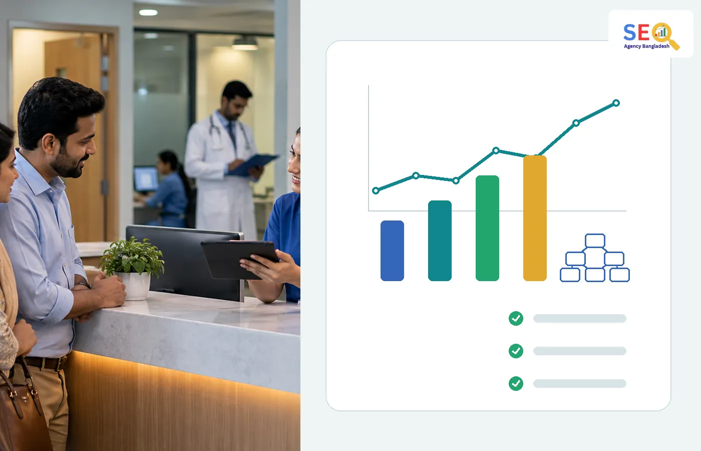 Diagnostic center SEO analysis with clinic activity and generic search performance charts