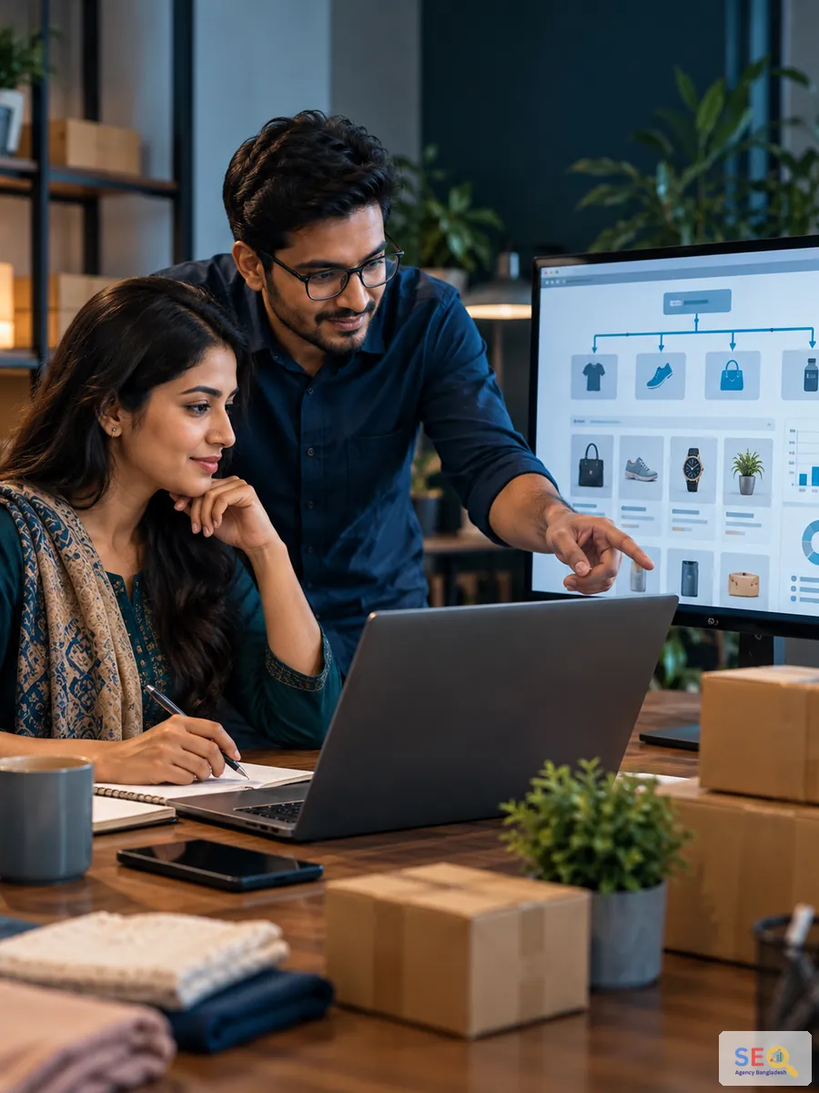 Bangladesh ecommerce business owner reviewing store structure and product discovery with an SEO specialist
