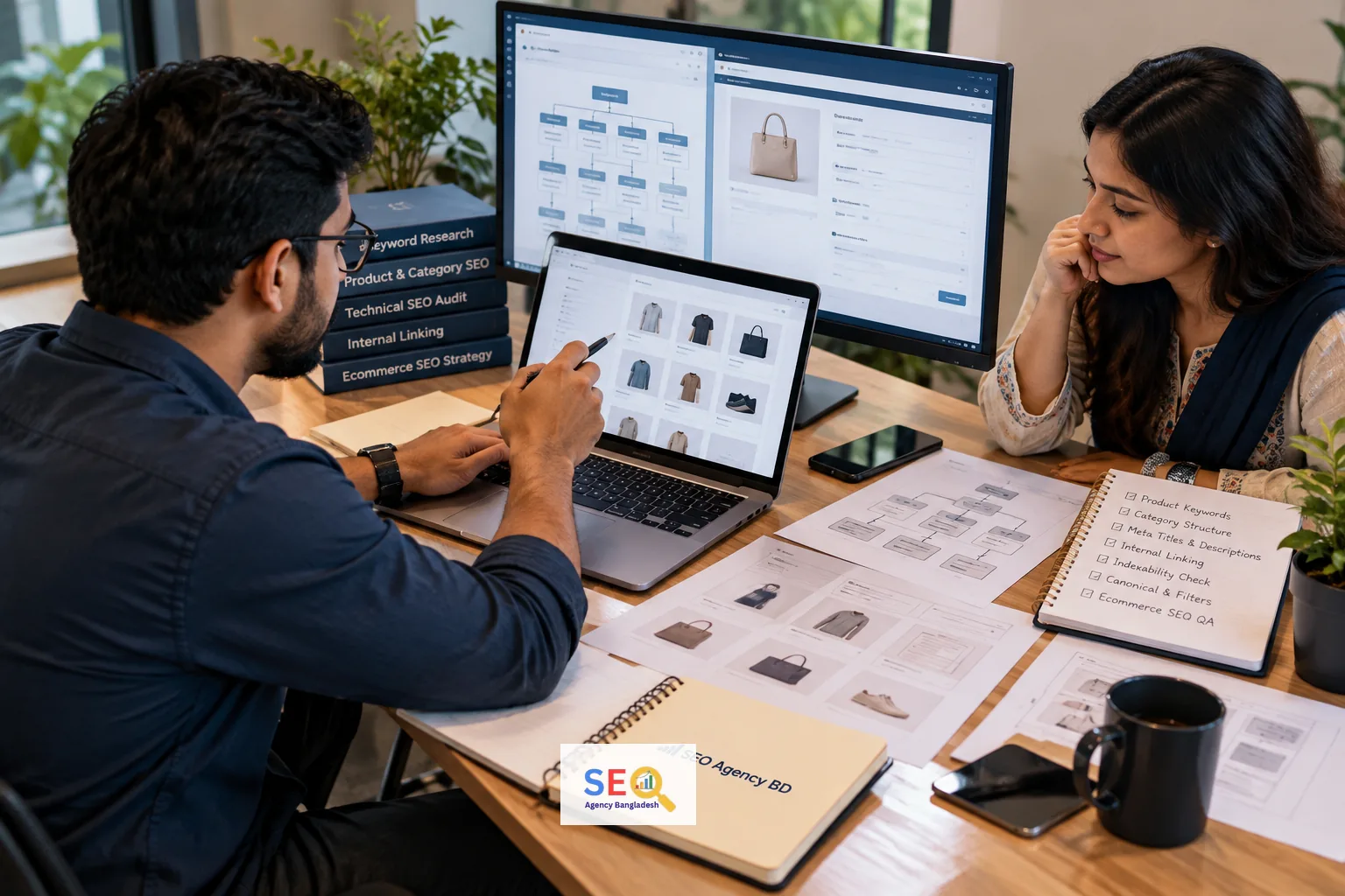 Developer reviewing ecommerce product structure, category hierarchy and store administration