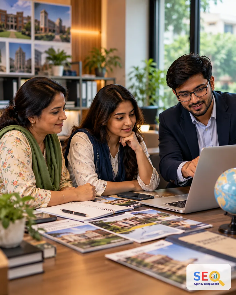 Student and parent comparing education options with a consultant in Bangladesh