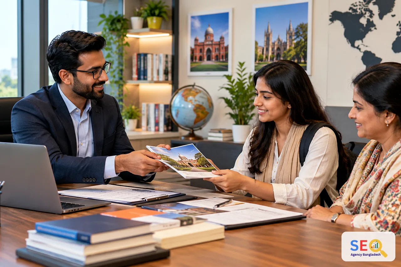 Education consultant handing university information to a student during a family consultation