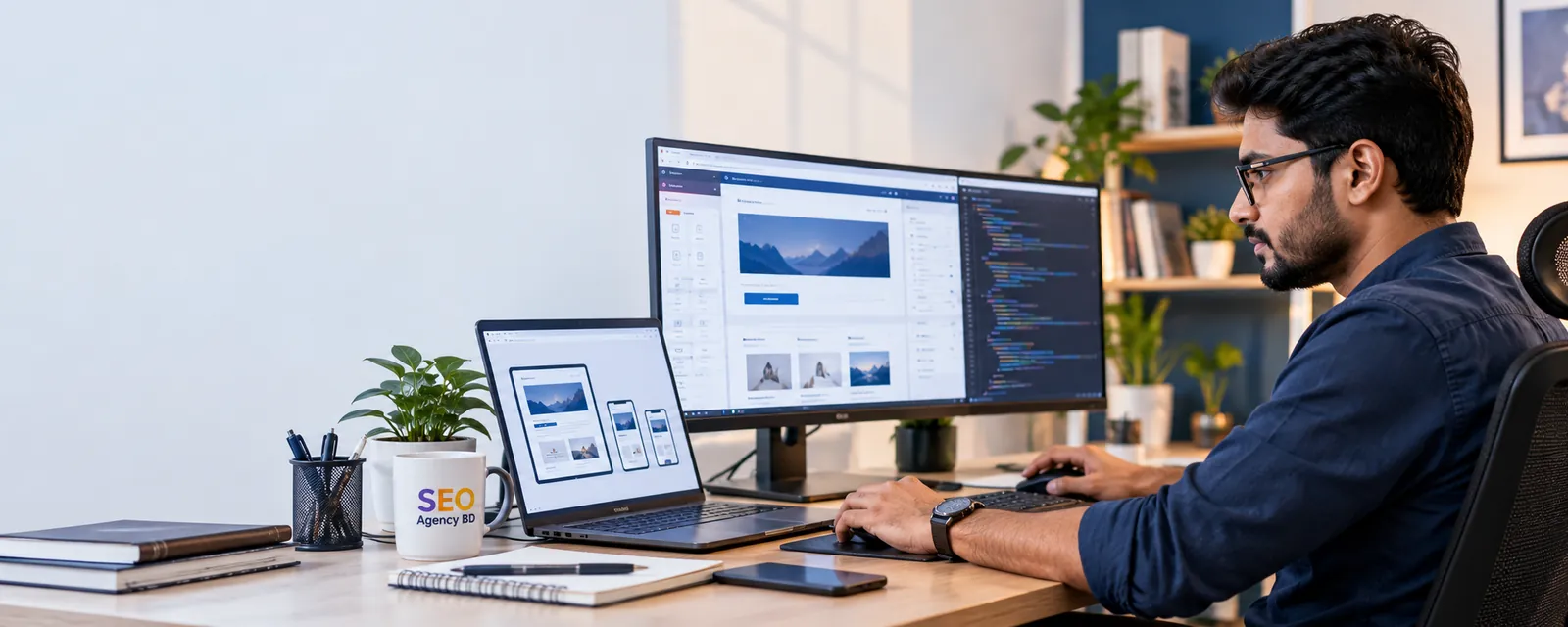 Bangladesh WordPress developer building a responsive business website with visual layout tools and code