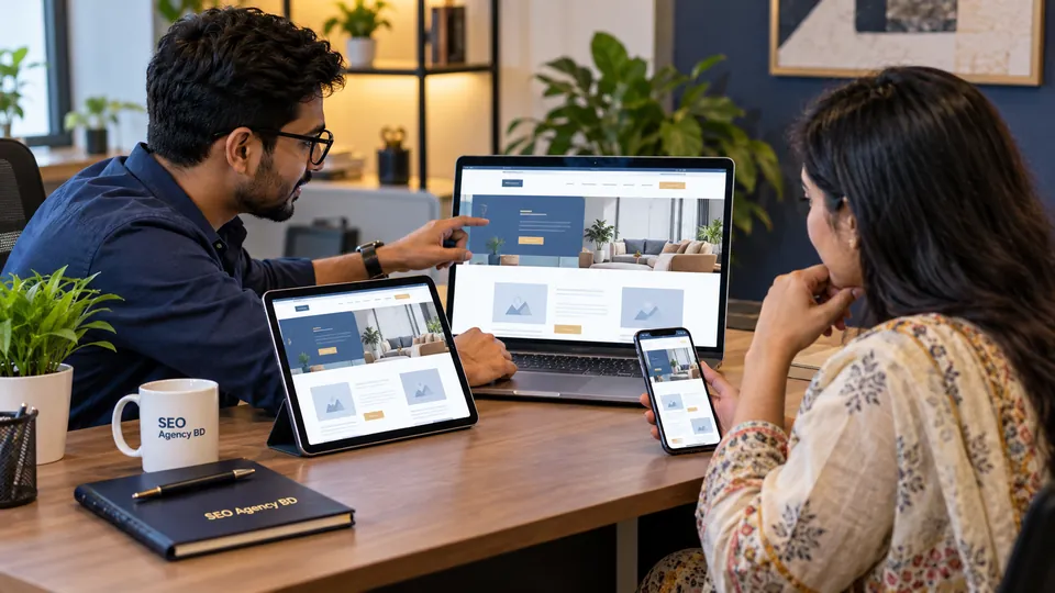 Business owner reviewing a responsive Elementor WordPress website with a developer across laptop, tablet and phone
